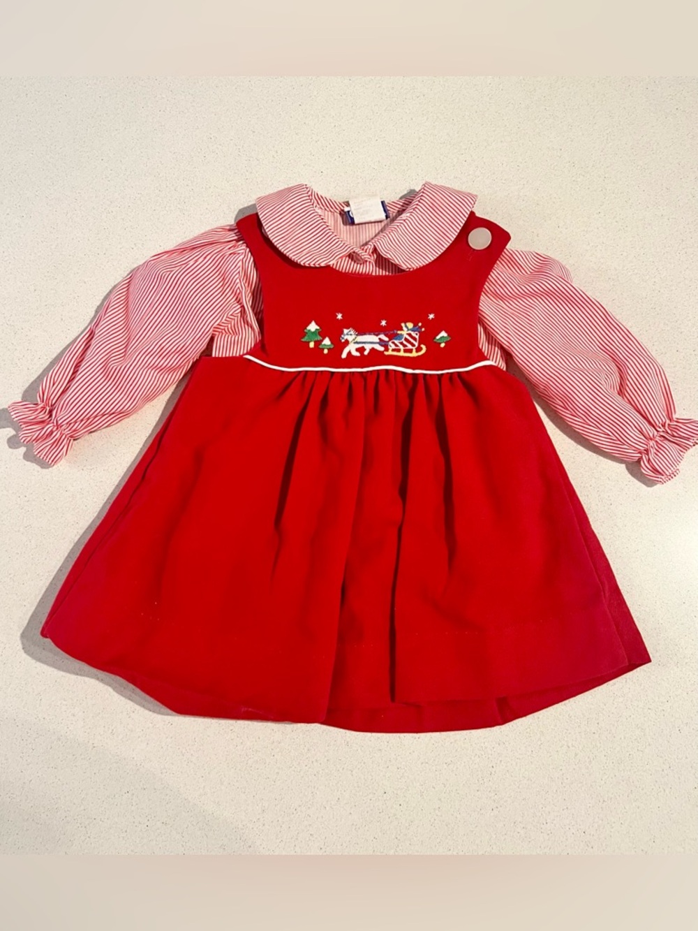 Vintage 1980s Girls' Red Embroidered Holiday Jumper Dress with Striped Blouse